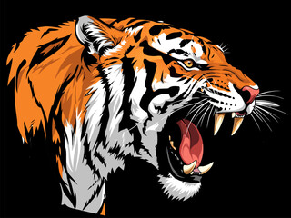 A fierce tiger with its mouth open, showing sharp teeth and a roaring expression, set against a black background.