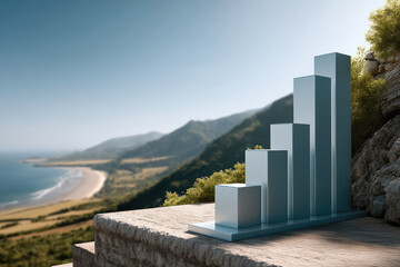 Turquoise bar graph growing upward on stone terrace with scenic mountain and ocean view, symbolizing success and progress