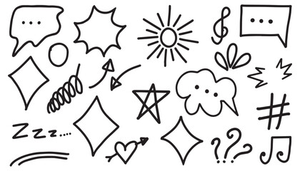Crayon drawn doodle set shapes line and simple vector. Comic speed and motion concept. Doodle Elements: Arrows, hearts, stars, sun, scribble. Cute handwritten icons of emotions. Directional signs 