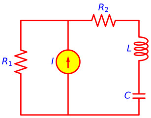 RLC electrical circuit diagram with resistors, inductor and capacitor driven by independent current source, illustrating AC and transient circuit analysis for electronics engineering education
