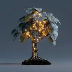 Conceptual Image of AI and Nature Merging: Tree with Digital Circuitry on Its Trunk