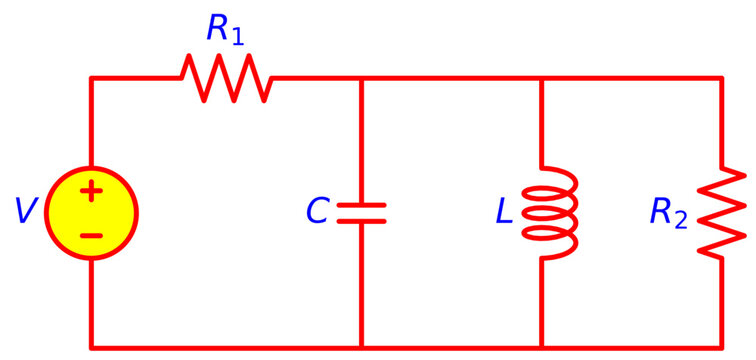 Parallel RLC electrical circuit diagram with series resistor and voltage source, showing AC circuit behavior, impedance and resonance analysis for electronics engineering education