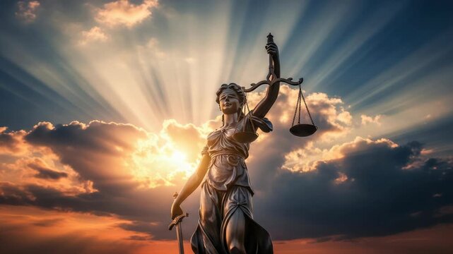 Justice Symbol Statue Illuminated by Dramatic Sunburst Sky Rays