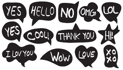 Black set of speech bubbles cartoon. Various forms of windows, clouds for chat, messages with short phrases. Vector elements for text on a white.  Conversation icons. Online chat stickers, Dialog box