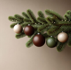 Fir branch with green needles and matte Christmas ornaments in brown, gold, and green, festive and elegant holiday decoration