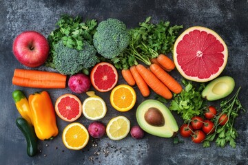 A vibrant and colorful still life featuring a variety of fruits and vegetables arranged in a visually appealing composition.
