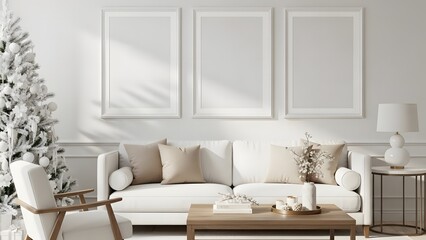 Modern minimalist living room with christmas tree