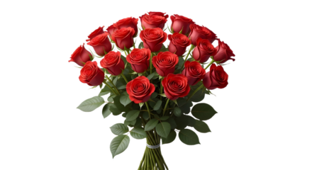 Beautiful Fresh Red Roses Bouquet with Green Leaves Isolated on White Background