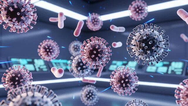 Microscopic view of swirling viruses and bacteria in a futuristic digital environment
