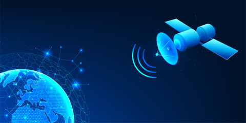 Satellite Technology Background, Space Satellite Transmitting Signal to Earth, Global Network Connection Lines, Data Communication from Outer Space Reflecting Back to Earth, Worldwide Distribution