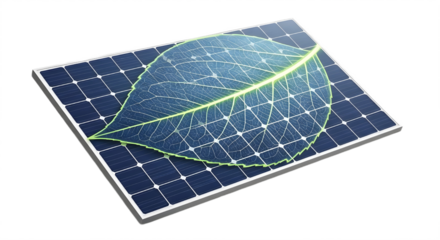 Eco-friendly solar panel with stylized green leaf symbol on white background