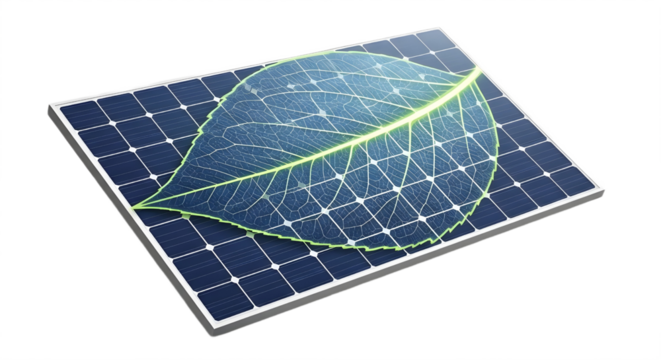 Eco-friendly solar panel with stylized green leaf symbol on white background - Powered by Adobe