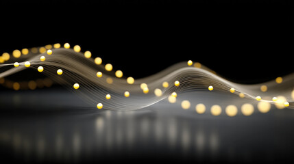 Abstract wave of glowing yellow dots and white lines on black background, modern digital art, futuristic, smooth, elegant, dynamic movement