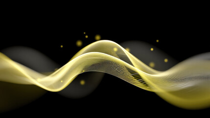 Abstract yellow wave with glowing particles on black background, modern digital art, smooth flowing lines, elegant and dynamic energy