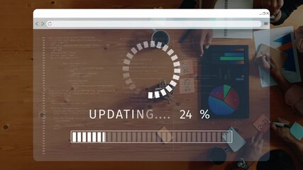 A modern office desk scene featuring a computer screen displaying an updating progress bar along with data analytics tools, notebooks, and coffee cups for a dynamic work environment. Raster - Powered by Adobe