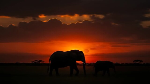 Silhouettes of two African elephants, one adult and one juvenile, standing on the savannah against a dramatic sunset sky, bright orange and dark clouds. 4k video