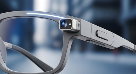 Close up of futuristic smart glasses featuring an integrated camera and subtle glowing indicator light