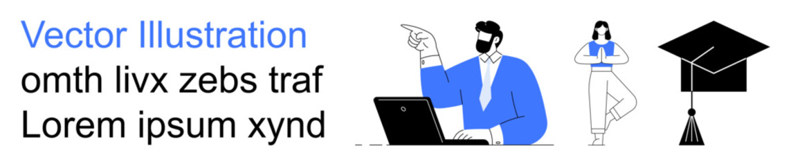 Remote work, online education, academic achievement, learning, professional development, teamwork. A person at a laptop, a standing figure and a graduation cap. Remote work and online education