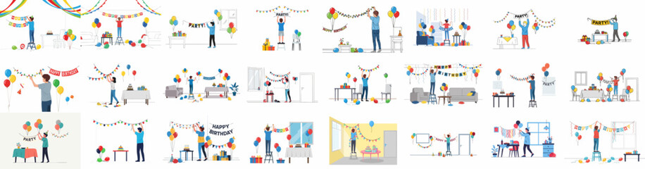 Collection of illustrations showing people preparing and decorating rooms for a birthday celebration or party, setting up colorful banners, balloons, and gifts indoors.