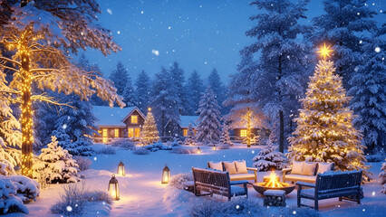 Fototapeta premium Christmas night with trees and houses in snowy city and village landscape