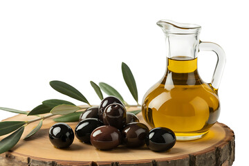 Fresh Elegant Black Olives with a Jug of Olive Oil on Wooden Board on Pure White Background