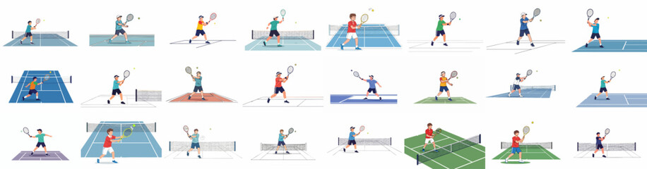 Vector set of male tennis players performing different shots, including forehand, serve, and volley, on various court surfaces.
