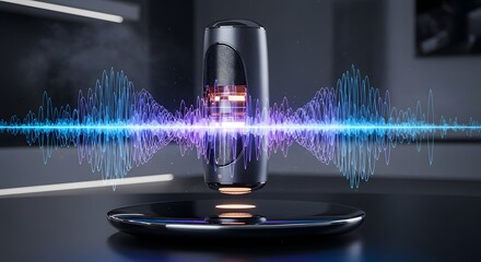 Futuristic digital microphone capturing vibrant sound waves in a dark high tech recording studio environment