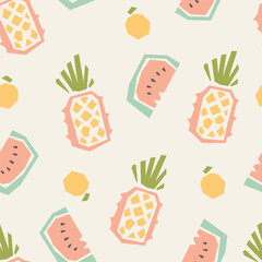 Modern Abstract Pineapple and Watermelon Seamless Pattern. Minimalist paper-cut style fruit vector print in pastel colors, for trendy textiles, kitchenware, summer apparel, stationery and more
