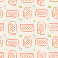 Modern Abstract Geometric Seamless Pattern. Minimalist hand-drawn checkerboard shapes in peach and pastel colors. Creative organic vector print for fabric
