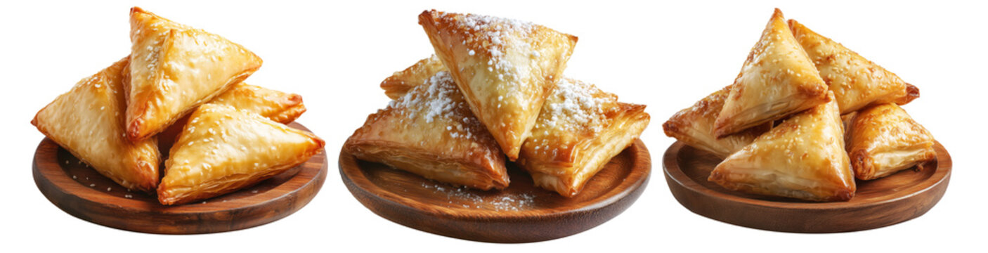 Set of Briouat triangular fruit filled pastries, phyllo pastries filled with meat or almonds on white, Arabic sweet desserts