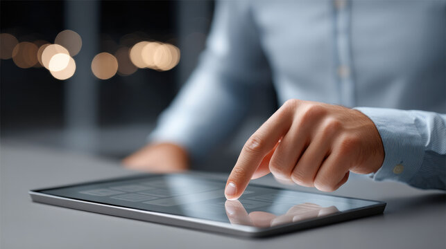 Businessman hand touching digital tablet screen, modern technology interface, office background, innovation, focus - Powered by Adobe
