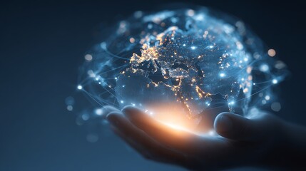 A glowing blue and orange network globe on a persons hand with connections.