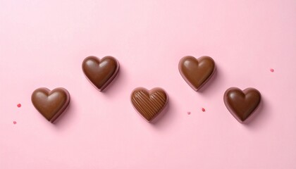 Obraz premium Five delightful heart-shaped chocolates perfectly arranged on a charming pink backdrop, embodying sweetness, romance, and heartfelt sentiments for special occasions