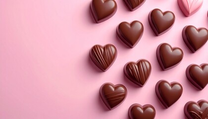 A delightful array of rich, heart-shaped chocolate candies scattered elegantly across a vibrant pink surface, perfect for expressing love and sweet affection
