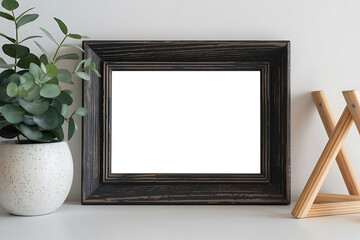 Fresh Elegant Black Realistic Thin Wooden Photo Frame on Pure White Background