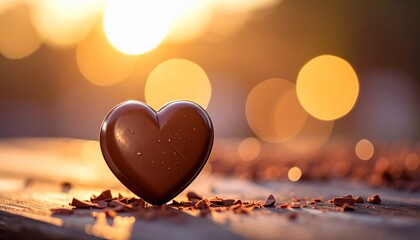 Elegant chocolate heart on rustic wood, surrounded by cocoa crumbs, glowing with warm bokeh lights, perfect for celebrating love, romance, and sweet, gourmet moments