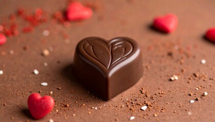 Decadent heart chocolate praline on a cocoa-dusted surface with vibrant red heart candies, embodying sweet romance and delicious indulgence for special moments