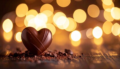 A Delicious Dark Chocolate Heart Shape on a Bed of Cocoa Shavings with Blurred Golden Bokeh Lights in the Background