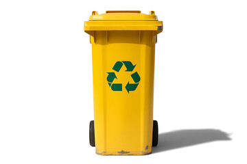 Fresh Yellow Garbage Bin with Recycling Symbol Isolated on Pure White Background