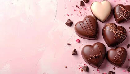 Artfully arranged delicious chocolate hearts on a soft pink background, symbolizing love and sweet indulgence, perfect for romantic celebrations and special moments