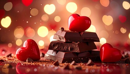 Passionately red hearts and rich chocolate, artfully arranged amidst a shimmering bokeh, symbolizing sweet devotion and the joy of romantic connection