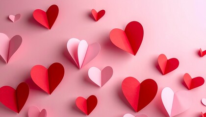 A charming array of vibrant red and delicate pink paper hearts artfully arranged on a soft pink background, symbolizing love, romance, and heartfelt celebration for special occasions