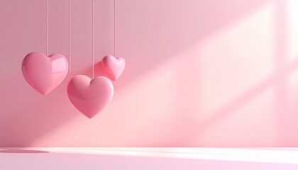 Romantic pastel pink hearts suspended in a dreamy space, illuminated by soft sunlight and casting delicate shadows on a gentle wall