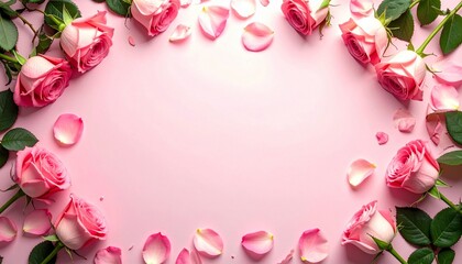 Elegant Pink Roses and Petals Frame on Soft Pink Background - Romantic and Delicate Floral Arrangement for Celebrations