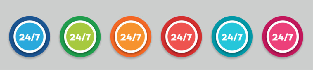 24/7 Service Multicolor Round Icons Set.