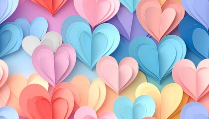 A cascade of colorful paper hearts in pastel shades, creating a soft and romantic background for Valentine's Day or love-themed designs
