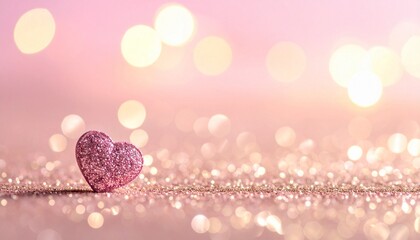 A sparkling pink glitter heart stands on a shimmering surface, bathed in soft bokeh lights, evoking romance and festive joy for love, affection, and special celebrations