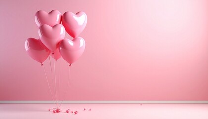 A beautiful and romantic background of pink heart-shaped balloons floating gently in a soft pink room, creating a perfect setting for love and celebration