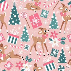 Seamless vector pattern with cute vintage deer, Christmas tree and gifts. 