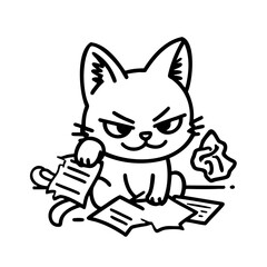 Obraz premium Cat is sitting on a pile of papers and looks angry. The cat is surrounded by crumpled papers and a tissue